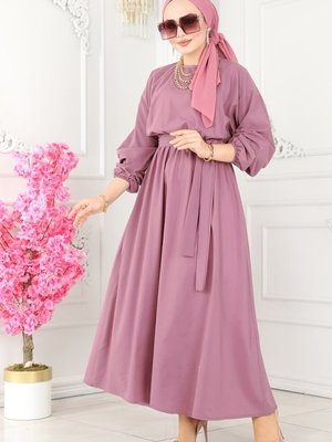 Koyu Lila Beli Lastikli Terikoton Elbise