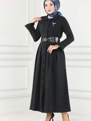 Siyah Deri Kemerli Balıksırtı Ferace & Elbise