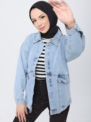 Buz Mavısı Yakası Taş Detaylı Kot Ceket