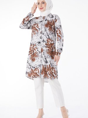 Düz Gömlek Yaka Kahve Desenli Tunik