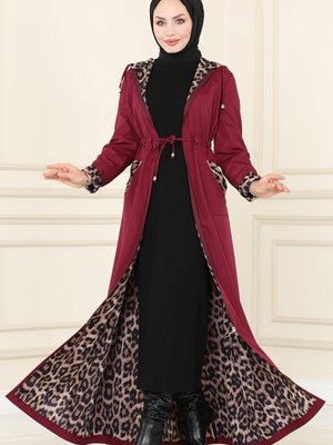 Bordo Leopar Desenli Trençkot Bordo Leopar Desenli Trençkot