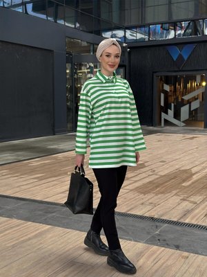 Oversize Kalın Çizgili Sweat Yeşil