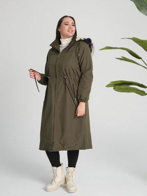 Bondit Kumaş Kapüşonlu Içi Kürklü Kışlık Mont, Haki