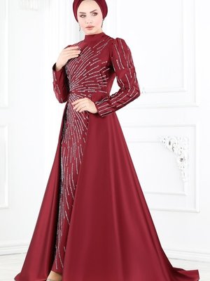 Bordo Taş Detaylı Kuyruklu Abiye Elbise Bordo Taş Detaylı Kuyruklu Abiye Elbise