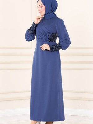 İndigo Pul Detaylı Elbise
