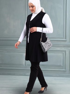 Kadin Tesettur Likralı Düğmeli Uzun Anne Yelek Siyah
