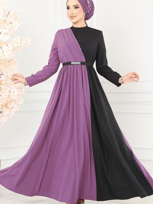 Lila & Siyah Çift Renkli Kemerli Elbise