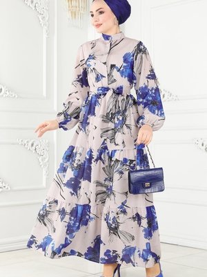 Mavi Gizli Düğmeli Keten Elbise