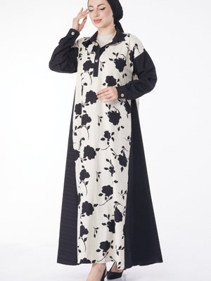 Düz Yaka Siyah Desenli Salaş Gömlek Elbise Düz Yaka Siyah Desenli Salaş Gömlek Elbise