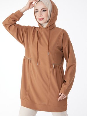 Düz Kapüşonlu Yaka Taba Cep Fermuar Detaylı Tunik