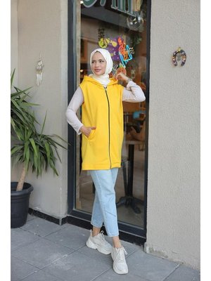Sarı Kapüşonluı Cepli Yelek