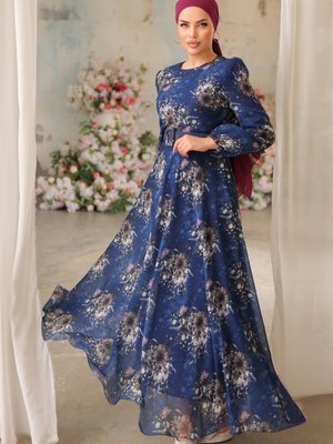 Lacivert Desenli Kemerli Şifon Elbise