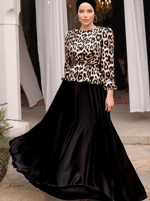 Leopar Siyah Sual Önden Bağlamalı Saten Abiye