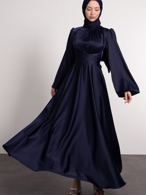 İspanyol Kol Beli Dolamalı Saten Abiye Elbise Patlıcan Moru