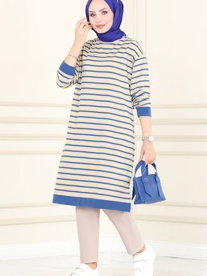 Saks Çizgili Basic Tunik