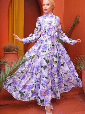 Lila Eteği Fırfırlı Atlas Elbise