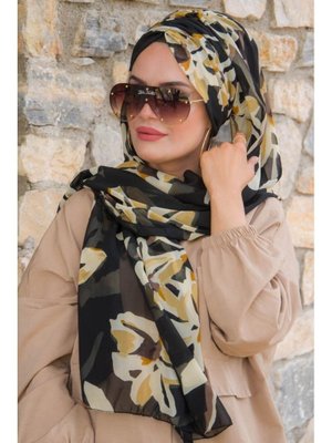 Çiçekli Şifon Hazır Şal Siyah Dore
