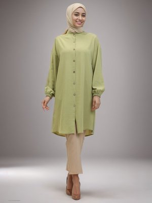 Yağ Yeşili Boydan Düğmeli Hakim Yaka Tunik Yağ Yeşili Boydan Düğmeli Hakim Yaka Tunik