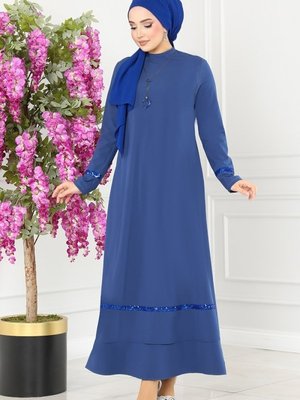 İndigo Kolyeli Krep Elbise