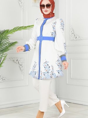 Ekru & Mavi Desenli Atlas Tunik Ekru & Mavi Desenli Atlas Tunik