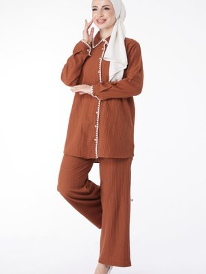 Düz Gömlek Yaka Taba Tunik Pantolon İkili Takım