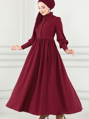 Bordo Aksesuar Düğmeli Elbise Bordo Aksesuar Düğmeli Elbise