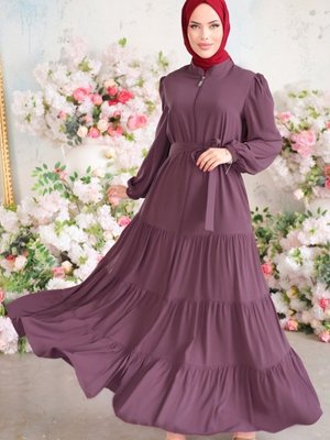 Koyu Lila Eteği Katlı Medine İpeği Ferace