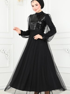 Siyah Pul Payetli Tül Abiye Elbise