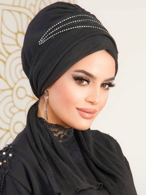 Siyah Taşlı Atkılı Abiye Bone