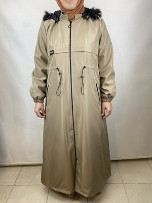 Beli Lastikli Kapüşonlu Içi Kürklü Bondit Mont Siyah