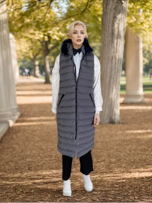 Gri Kürk Kapüşonlu Kemerli Şişme Yelek