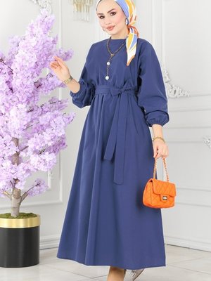 İndigo Beli Lastikli Terikoton Elbise