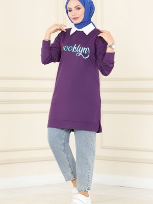 Mor Renkli Yazı Baskılı Spor Tunik Mor Renkli Yazı Baskılı Spor Tunik