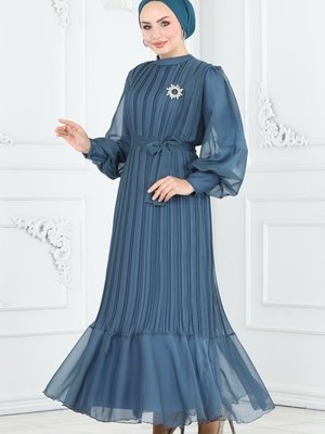 İndigo Piliseli Janjan Abiye Elbise
