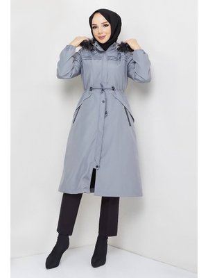 Gri Cebi Fermuarlı Pat Detaylı Mont
