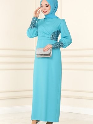 Turkuaz Pul Detaylı Krep Elbise Turkuaz Pul Detaylı Krep Elbise