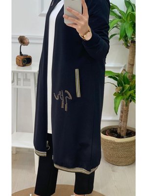 Lacivert Taş Detaylı Fermuarlı Penye Kap