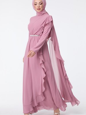 Gul Omzu Volan Parçalı Kemeri Taşlı Şifon Abiye Elbise