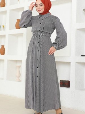 Siyah Çizgili Poplin Elbise