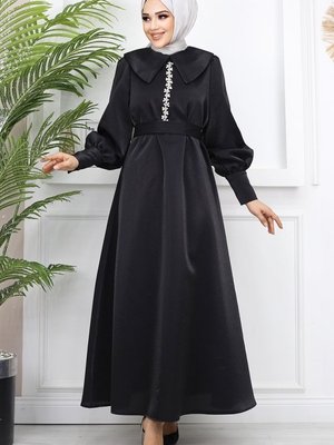 Siyah Kemerli Işıltılı Saten Abiye Elbise Siyah Kemerli Işıltılı Saten Abiye Elbise