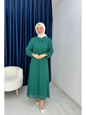 Yeşil Yakası Bağlama Detaylı Şifon Elbise