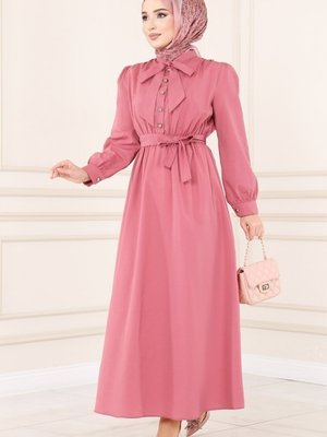 Gül Kurusu Yakası Bağlamalı Terikoton Elbise