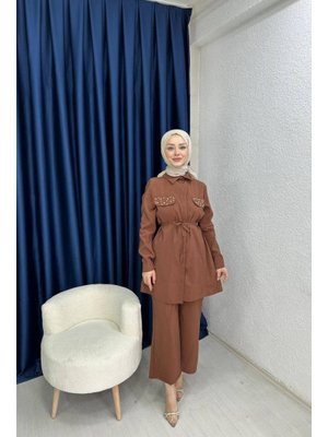 Kahverengi Cep Kapağı Taş Detaylı İkili Takım