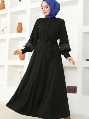 Siyah Nakış İşlemeli Ferace