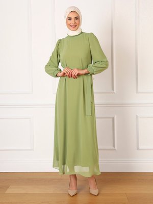Kuşaklı Balon Kollu Şifon Elbise Zeytin Yeşili