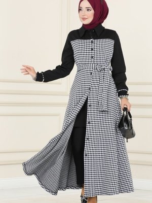 Siyah & Ekru Kazayağı Desenli Kışlık Elbise & Ferace