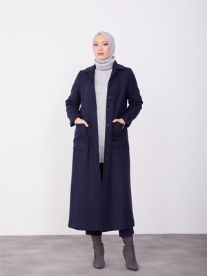 Cep Aksesuarlı Ve Pensli Manto Lacivert