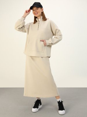 Taş Rengi Pamuklu Sweatshirt & Etek Takım