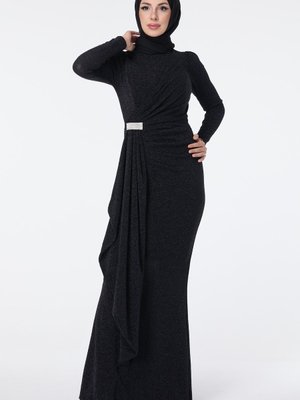 Sıyah Beli Drape Detaylı Simli Abiye Elbise