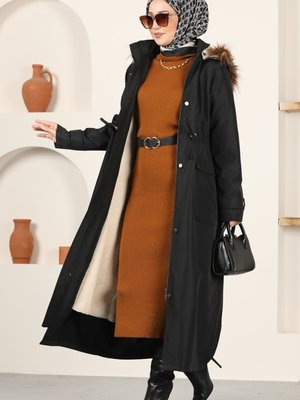 Siyah İçi Kürklü Bondit Trençkot Siyah İçi Kürklü Bondit Trençkot